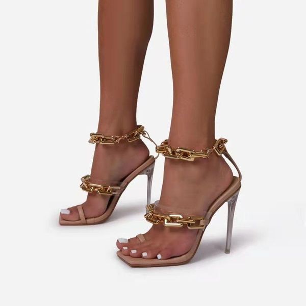 

sandals woman square toe thong 2021 summer ladies chain thin high heels women transparent party shoes female pumps plus size, Black