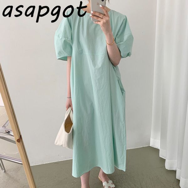 Minimalista Menta Verde O Pescoço Puff Manga Curta Vestido Solto Mulheres Casuais Vestido de Mujer Verão Chic Coreano Moda 3 Cor 210429