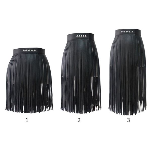 

women high waist faux leather fringe tassels skirt body harness with snap buttons halloween party punk rock costume clubwear 210319, Black