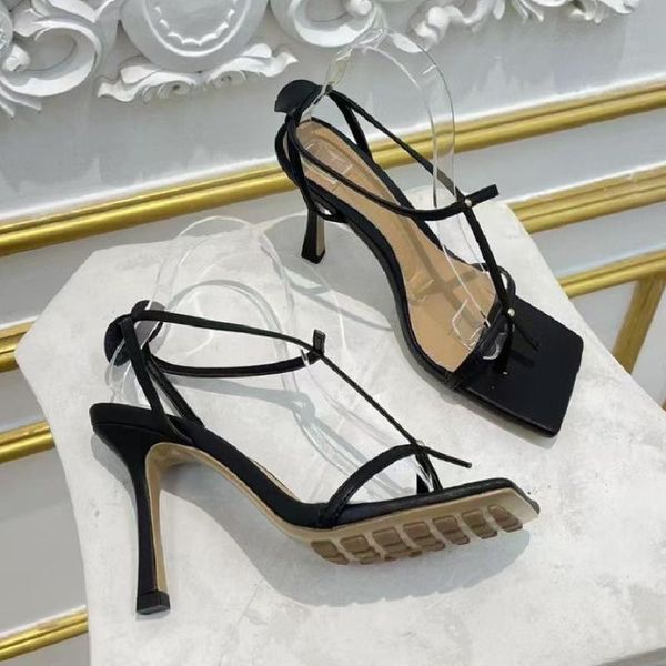 

dress shoes classics women high heel sandals stripe square toes strap fashion heels 35-42, Black