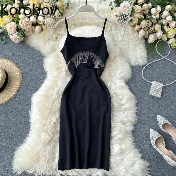 

korobov new arrival women spaghetti strap dress vintage slash neck tassel patchwork dresses elegant party night vestidos 210430, Black;gray