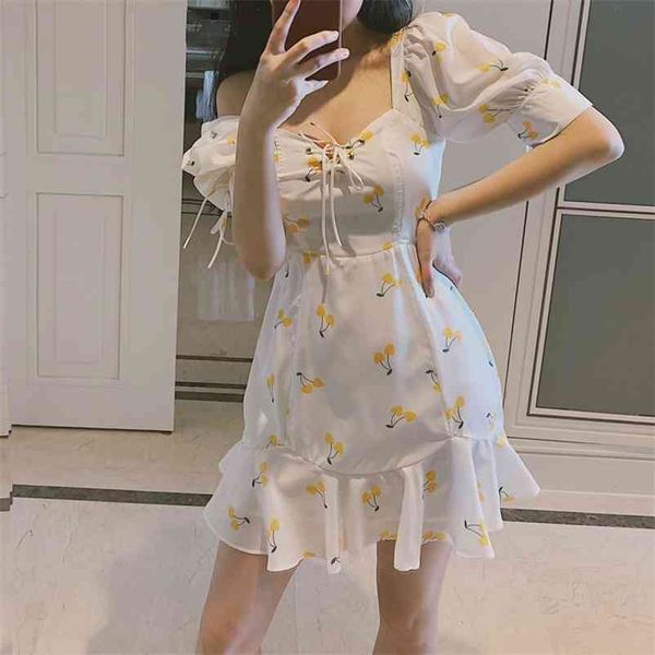 Vintage Branco Ruffle Lace Up Beach Sexy Dress Kawaii Cereja Amarelo Mini Coreano Casual Vestidos Mulheres Verão 210521