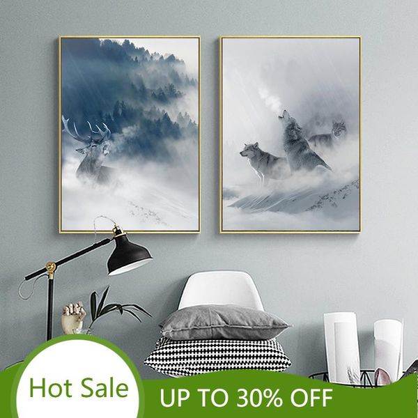 

paintings wolf elk animal canvas painting forest snow mountain art print nordic poster abstract wall pictures for living room home decor