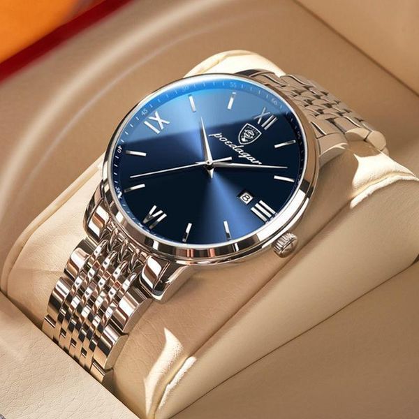 

wristwatches poedagar brand men watches stainless steel blue 2021 luminous waterpoof japan quartz simple watch gift fashion luxury designer, Slivery;brown