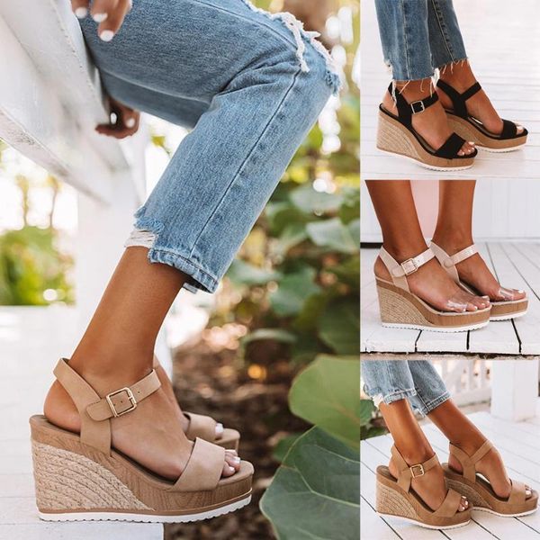 

women casual buckle platform sandals summer wedge heel high increase ladies fashion ankle strap open toe d30, Black