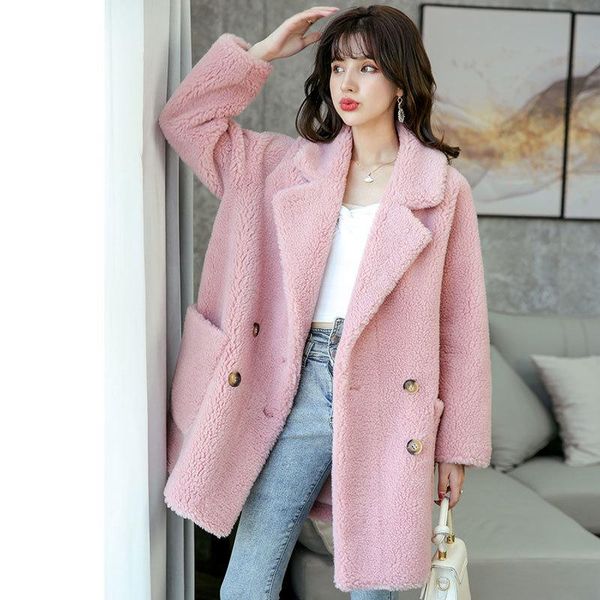 

women's fur & faux winter thick warm granule sheep shearing coat women loose mid long outwear white pink double breasted jacket female, Black
