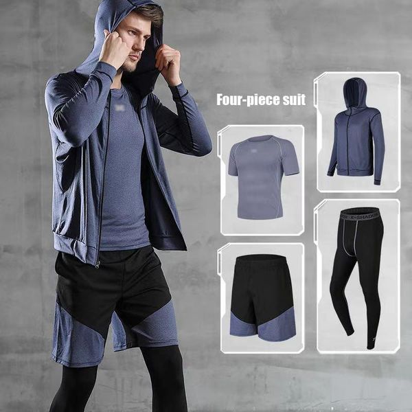 

fitness clothing four-piece sports suit men's outdoor running is thin and quick-drying gym, White;black