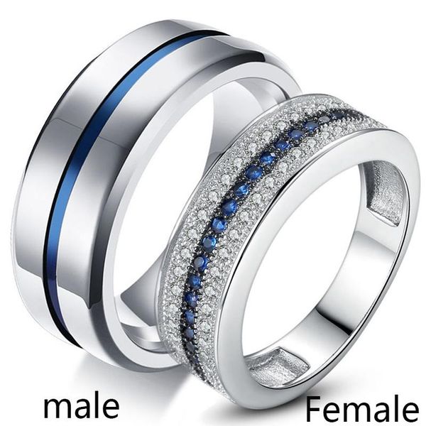 

wedding rings sz6-12 couple ring his hers blue groove stainless steel men engagement jewelry and white zircon 925 silver women's, Slivery;golden
