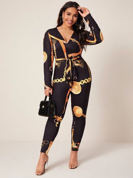 

plus chain print self belted fitted jumpsuit d80t#, Black