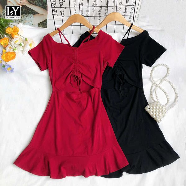 

ly varey lin summer women casual neck-mounted ruffles slim short sleeve dresses v-neck hollow out female 210526, Black;gray