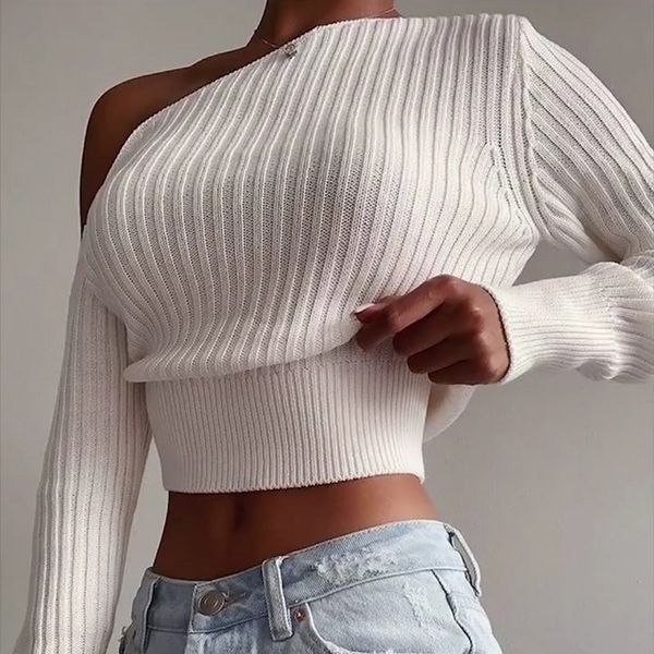 

autumm solid women one shoulder knitted sweater slim long sleeve waistband pullover party high street jumper winter 210514, White;black