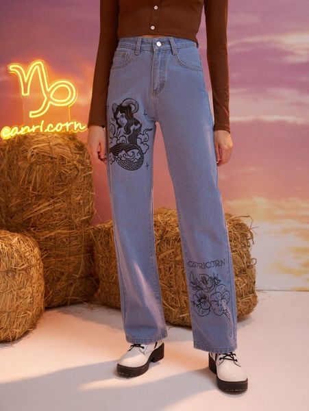 

romwe capricorn letter floral & cartoon graphic jeans e4t9#, Blue