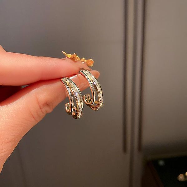 

hoop & huggie unique design cubic zirconia circle metal earring simple goldenthree layer small c shape earrings for women vintage jewelry, Golden;silver