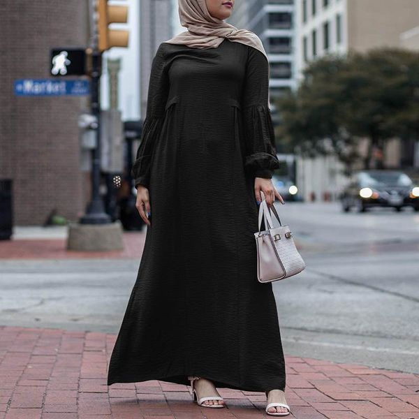 

casual dresses women muslim islamic clothing long puff sleeve crew neck sundress pleated solid morocco abaya maxi plus size urkx, Black;gray