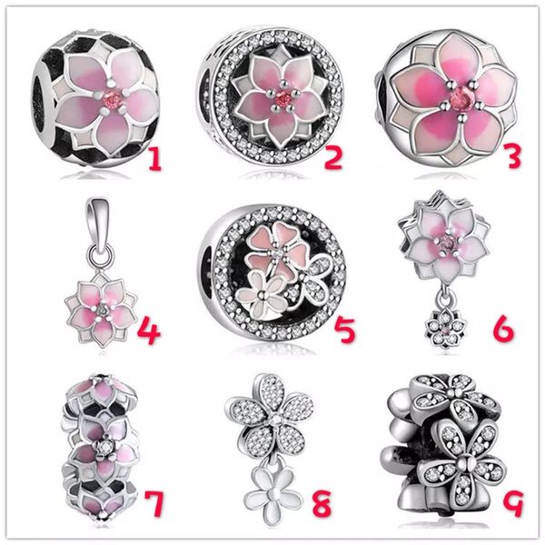 

fits pandora bracelets 20pcs daisy heart magnolia bloom dangle charm bead with pink cz silver charms bead for women making diy european neck, Black