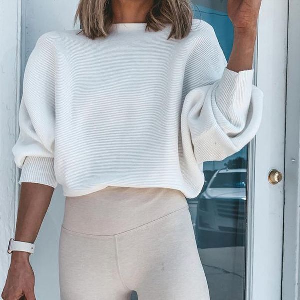 

autumn winter women's knitted solid sweaters batwing long sleeve o-neck loose female sweater fashion ladies pullovers 210524, White;black
