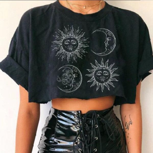 

vintage sun moon print crop t shirt women harajuku short sleeve tees femme t-shirts loose summer plus size 2021 women's t-shirt, White