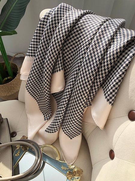 

scarves twill 100% mulberry silk scarf women all-match korean houndstooth spring autumn lady 90 shawl printed 14mm, Blue;gray