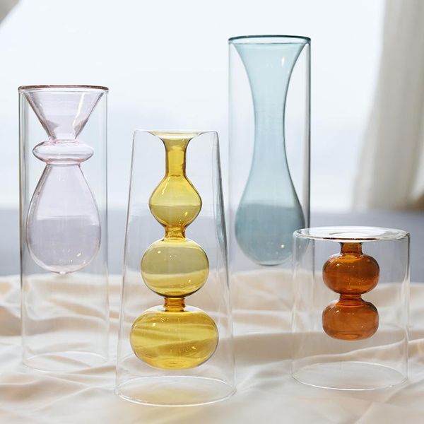 Vasos Modern Sim Simples Vidro Criativo Duplo Transparente Vaso Art Personalidade Flower Ware Decoração de Casa Acessórios