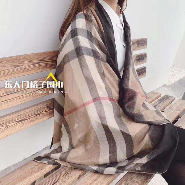 

2021 south korea dongdamen plaid women's autumn winter gradual warm and cold proof cotton linen scarf shawl, Blue;gray