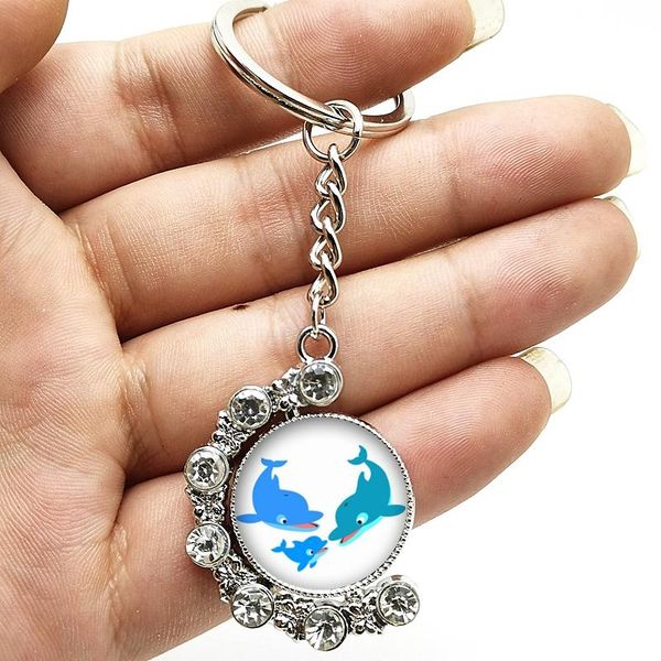 

keychains fashion marine animal cute dolphin double-sided rotating crystal pendant keychain glass convex round children gift, Silver