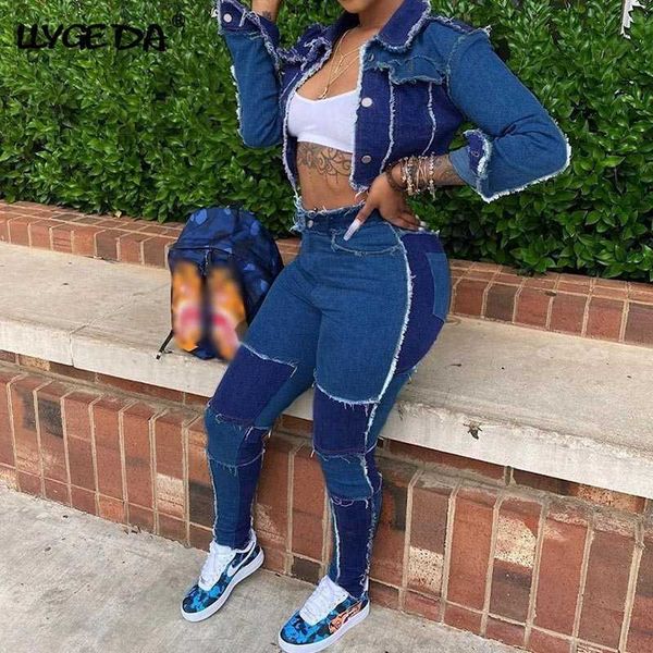 

patchwork tassel denim women's suit turn-down collar short jacket bodycon pant two piece set women autumn fashion suits 210930, White