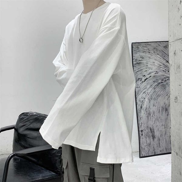 

men's fashion t-shirt brand ins loose autumn solid color long sleeve base coat trend personality split cloth, White;black