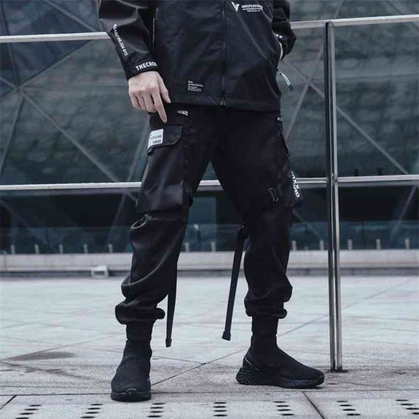 CROXX Techwear Pantaloni cargo da uomo neri con coulisse in vita Ripstop Jogger Nastro Decorazione Hip Hop Stile Punk Moda 210715