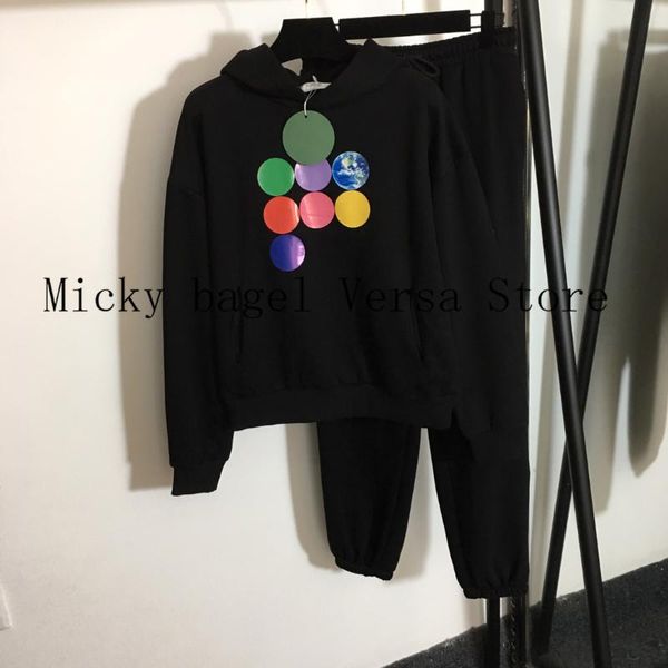 

women's two piece pants color circle printing fashion versatile hooded long sleeve pullover + high waist elastic casual set, White