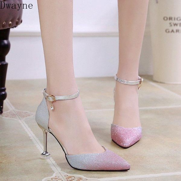 

dress shoes net red female summer 2021 spring korean fashion sequins pointed single word buckle hollow high heels, Black