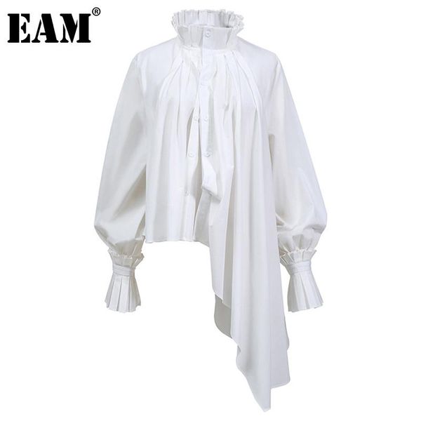 

[eam] women big size irregular pledted blouse lapel long sleeve loose fit shirt fashion spring autumn 2021 1dd0722 women's blouses & sh, White