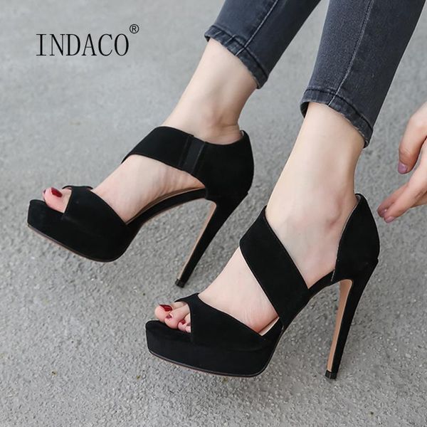 

open toe women summer sandals kid suede concise platform high heel shoes female 12cm black heels