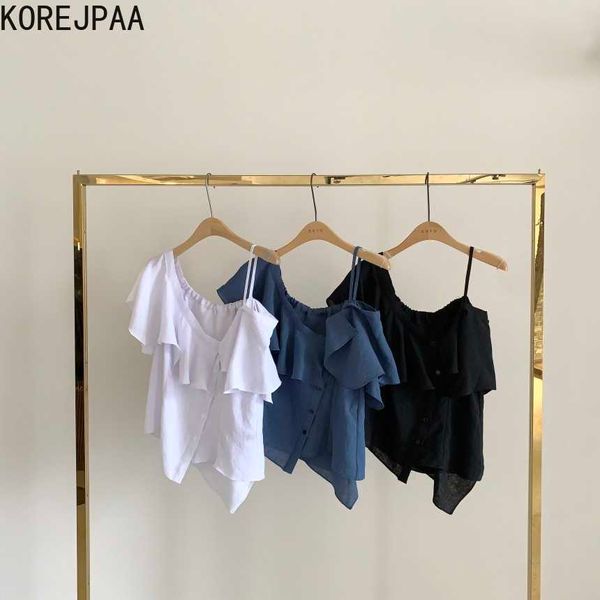 

korejpaa women shirt summer korean chic elegant feminine leaky shoulders ruffle stitching side single-breasted sling blouse 210526, White