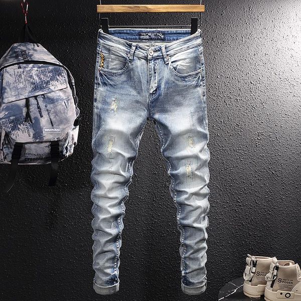 

men's jeans korean style fashion men retro light blue elastic slim fit ripped embroidery designer street casual denim pants