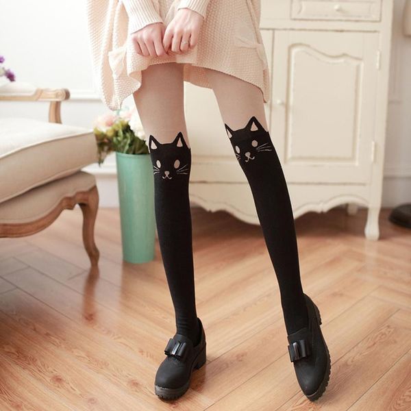

socks & hosiery est women cute cartoon cat tail thin pantyhose tattoo stockings fashion printed, Black;white