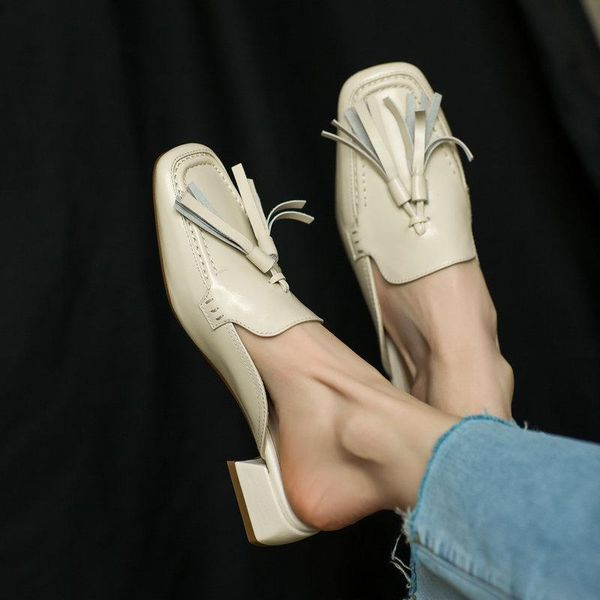 

fashion fringe decoration women shoes slippers genuine leather square -toed thick low heels pumps working casual woman, Black