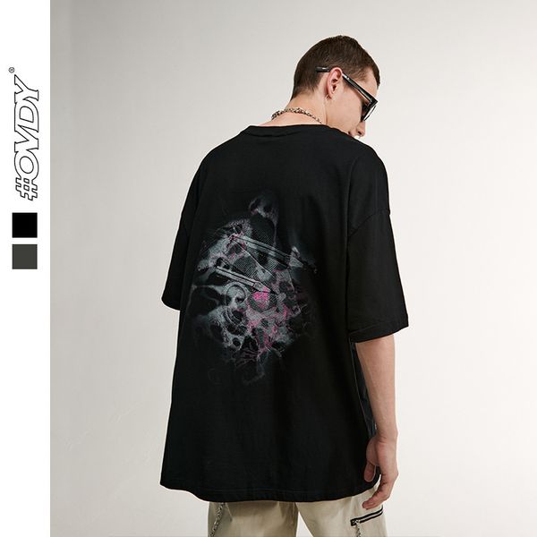 

wxwovdy men's new spring and summer street fashion brand dark black pencil abstract printing casual loose short sve t-shirt, White;black