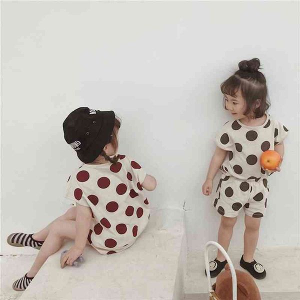 

japanese korean style polka dot printed clothing sets for boys girls pure cotton short sleeve t shirt shorts summer set, White