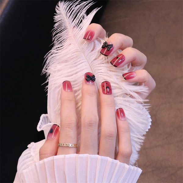 

false nails 24pcs red bow wear short paragraph fashion manicure patch save time wearable nail to, Red;gold