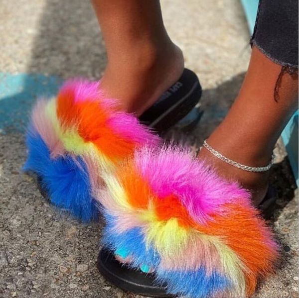 

autumn/winter women's rainbow fur slippers, outer wear slippers durable non-slip sandals outdoor leisure 37-41, Black