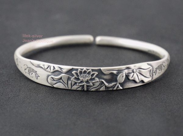 

solid sterling silver lotus leaf fish buddhism 24g 57x48mm a2809 bangle, Black