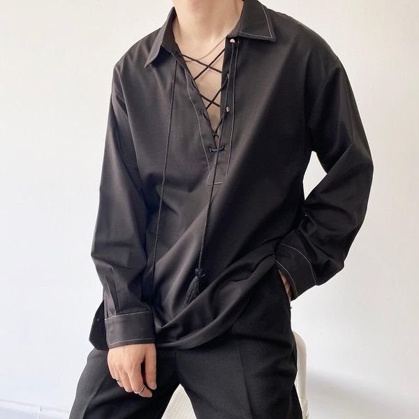 

men's casual shirts tassel ribbon men long sleeve trend fashion loose pullover shirt male japan harajuku street vintage dress, White;black