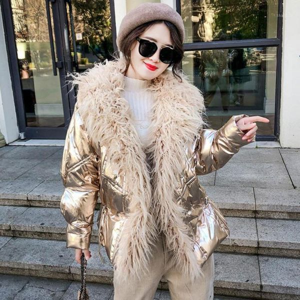 

women's down & parkas winter women cotton jacket silver glossy faux sheep fur coat solid loose warm parka female patchwork outerwear l1, Black