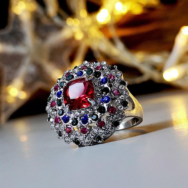 

wedding rings fashion design elegant flower crystal for women luxury multicolor rhinestones banquet finger ring boho jewelry, Slivery;golden