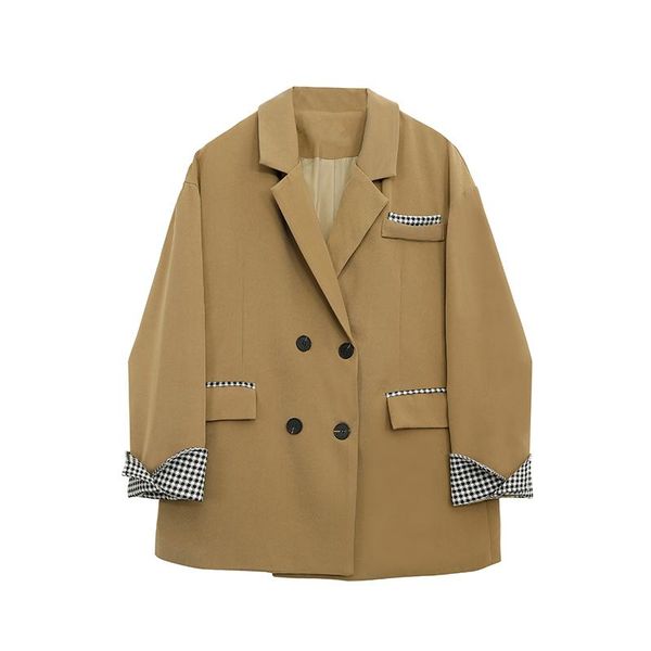

women's suits & blazers jacket women solid color fall 2021 loose double-breasted plaid sleeve ladies office suit blazer, White;black