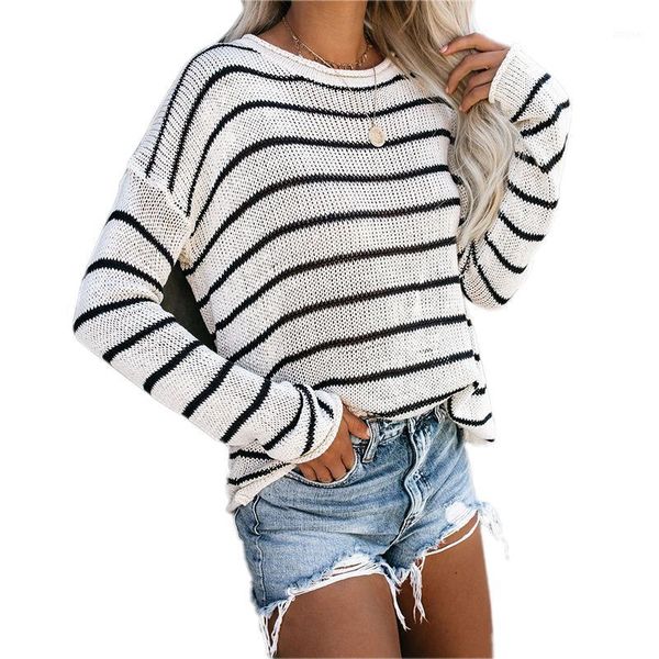 

women's sweaters 2021 autumn knitwear sweater round neck striped color matching high street casual en*, White;black