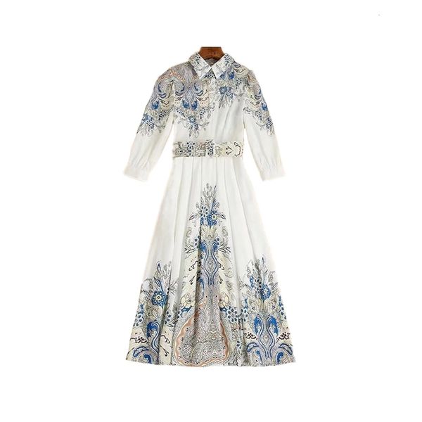 

runway dresses early autumn style vintage print high-quality three-quarter sleeve dress with belt csqk, Black