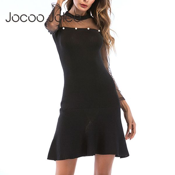 

women mesh long sleeve patchwork dress black a-line fashion europe style beading party club mini 210428, Black;gray