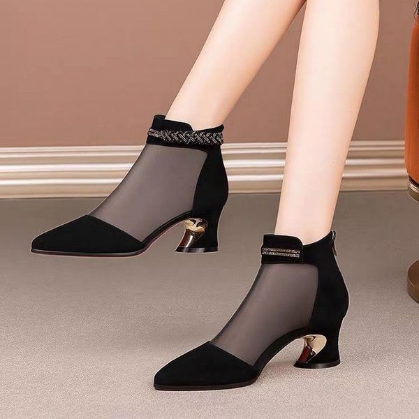 

Microfiber Leather Mesh Boots2022 Summer ShoesPointed Toe Ankle BotasChunky HeelHollow OutBack ZipBLACKDropshipping, Black