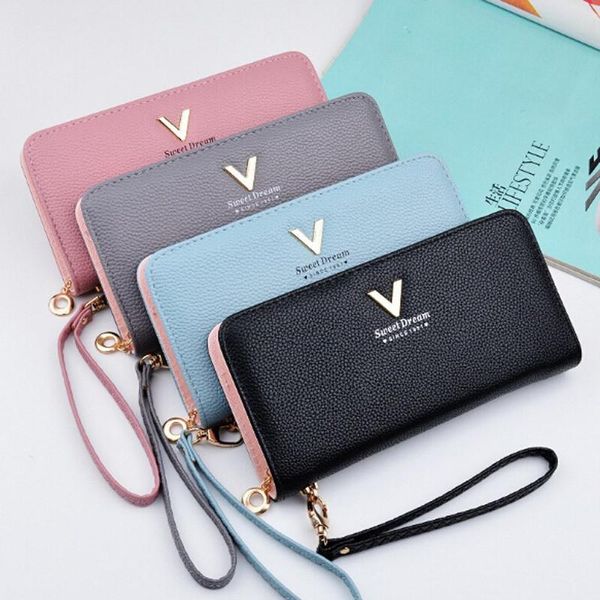 

wallets v letter wristband women long clutch wallet large capacity female purse lady purses phone pocket card holder carteras, Red;black